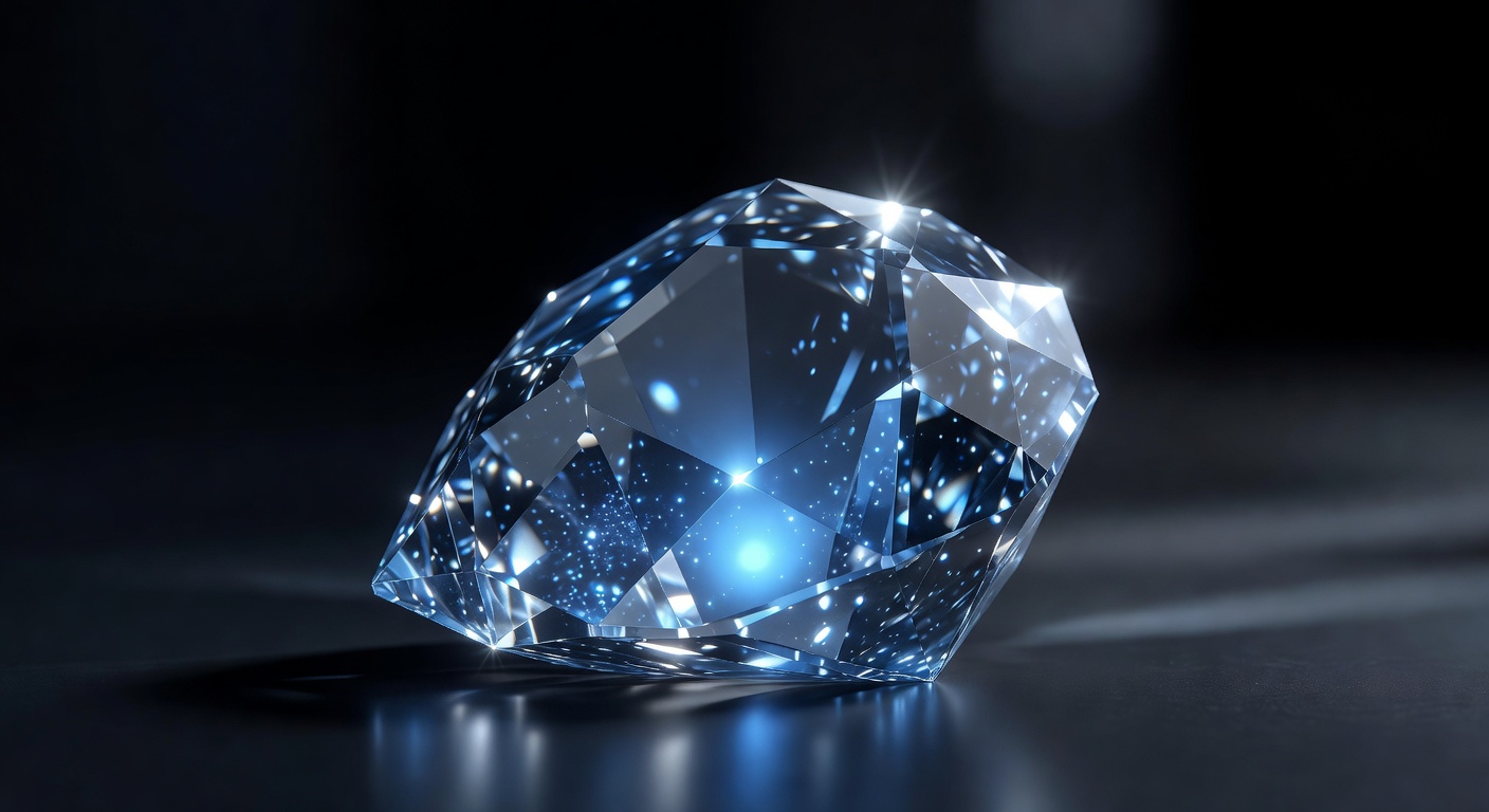 Abstract blue glowing diamond crystal reflecting light